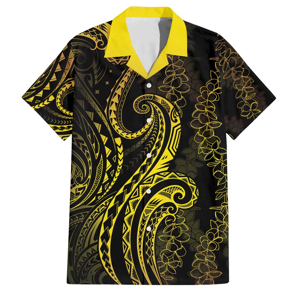 Polynesia Plumeria Lei Family Matching Long Sleeve Bodycon Dress and Hawaiian Shirt Black Gold Curves Motif LT7 Dad's Shirt - Short Sleeve Gold - Polynesian Pride