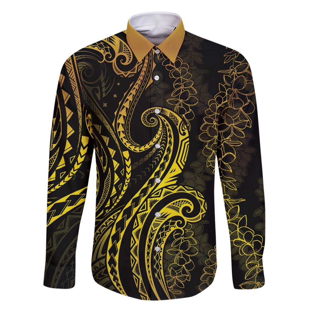 Polynesia Plumeria Lei Family Matching Long Sleeve Bodycon Dress and Hawaiian Shirt Black Gold Curves Motif LT7 Dad's Shirt - Long Sleeve Gold - Polynesian Pride