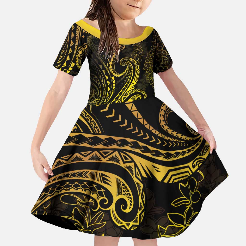 Polynesia Plumeria Lei Family Matching Mermaid Dress and Hawaiian Shirt Black Gold Curves Motif LT7 Daughter's Dress Gold - Polynesian Pride