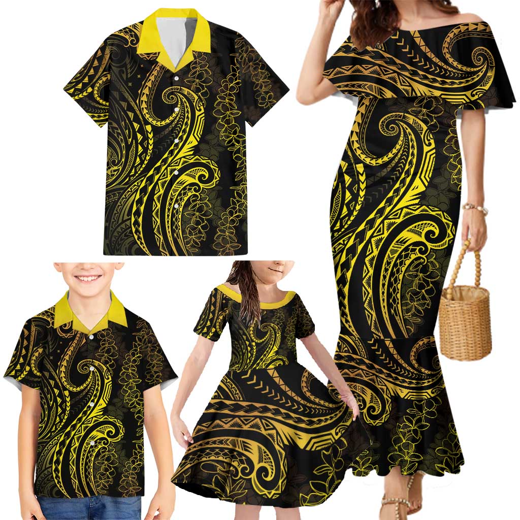 Polynesia Plumeria Lei Family Matching Mermaid Dress and Hawaiian Shirt Black Gold Curves Motif