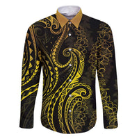 Polynesia Plumeria Lei Family Matching Mermaid Dress and Hawaiian Shirt Black Gold Curves Motif LT7 Dad's Shirt - Long Sleeve Gold - Polynesian Pride