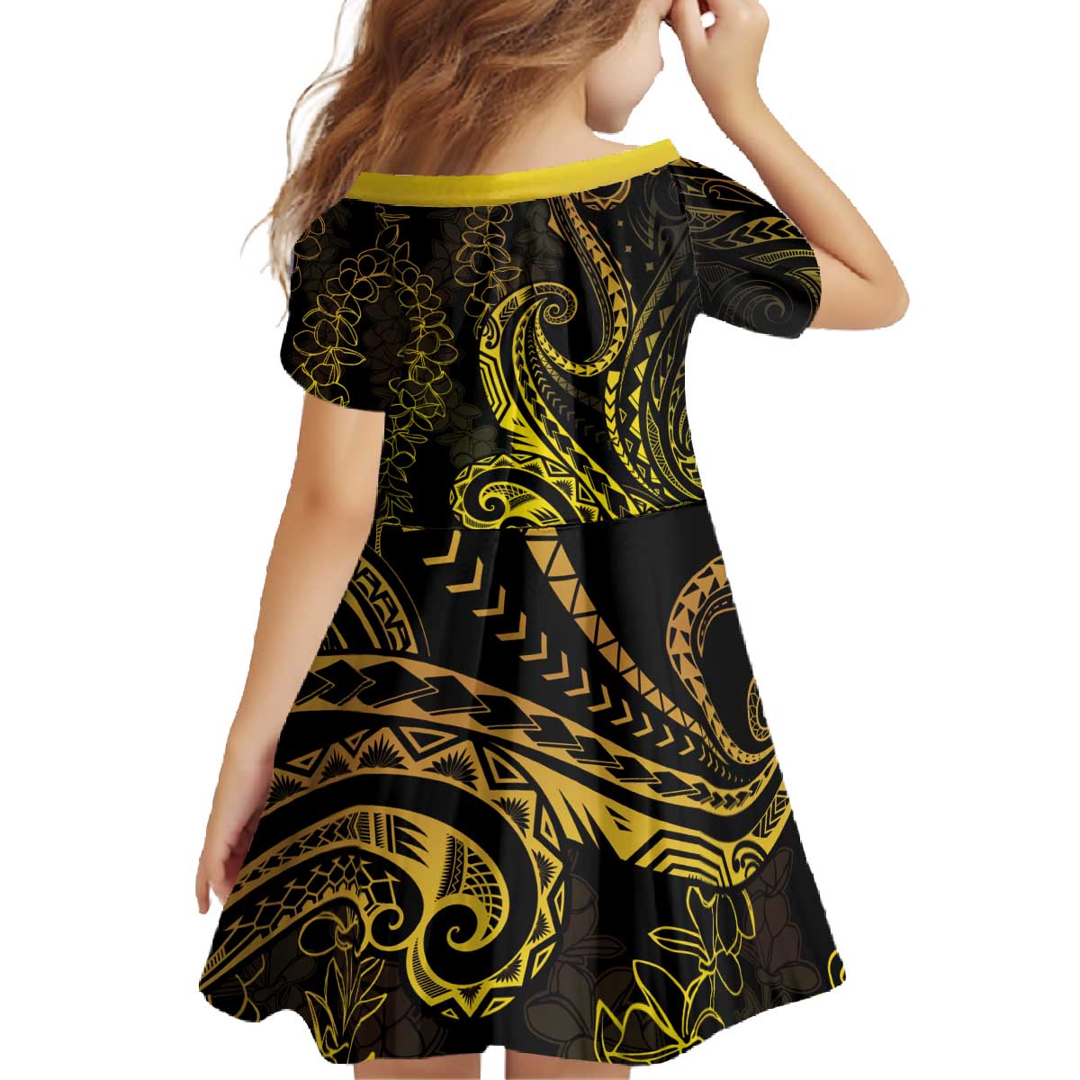 Polynesia Plumeria Lei Family Matching Off The Shoulder Long Sleeve Dress and Hawaiian Shirt Black Gold Curves Motif