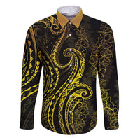 Polynesia Plumeria Lei Family Matching Off The Shoulder Long Sleeve Dress and Hawaiian Shirt Black Gold Curves Motif