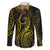 Polynesia Plumeria Lei Family Matching Off The Shoulder Long Sleeve Dress and Hawaiian Shirt Black Gold Curves Motif