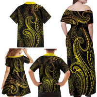 Polynesia Plumeria Lei Family Matching Off Shoulder Maxi Dress and Hawaiian Shirt Black Gold Curves Motif