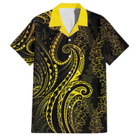 Polynesia Plumeria Lei Family Matching Off Shoulder Maxi Dress and Hawaiian Shirt Black Gold Curves Motif