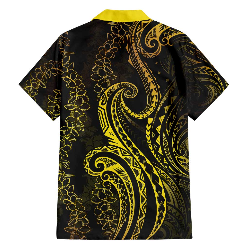 Polynesia Plumeria Lei Family Matching Off Shoulder Maxi Dress and Hawaiian Shirt Black Gold Curves Motif