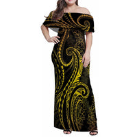 Polynesia Plumeria Lei Family Matching Off Shoulder Maxi Dress and Hawaiian Shirt Black Gold Curves Motif