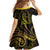 Polynesia Plumeria Lei Family Matching Off Shoulder Short Dress and Hawaiian Shirt Black Gold Curves Motif
