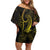 Polynesia Plumeria Lei Family Matching Off Shoulder Short Dress and Hawaiian Shirt Black Gold Curves Motif