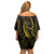 Polynesia Plumeria Lei Family Matching Off Shoulder Short Dress and Hawaiian Shirt Black Gold Curves Motif