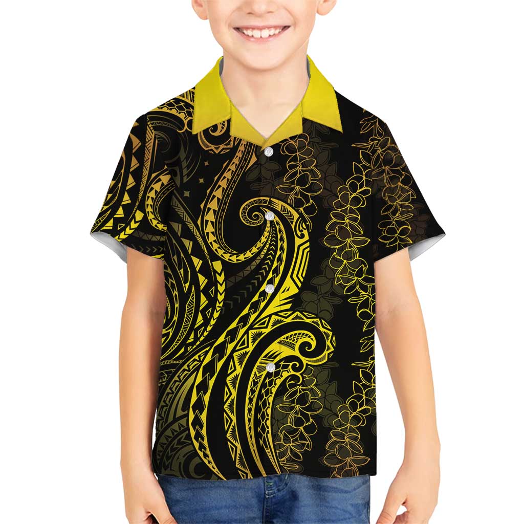 Polynesia Plumeria Lei Family Matching Off Shoulder Short Dress and Hawaiian Shirt Black Gold Curves Motif LT7 Son's Shirt Gold - Polynesian Pride