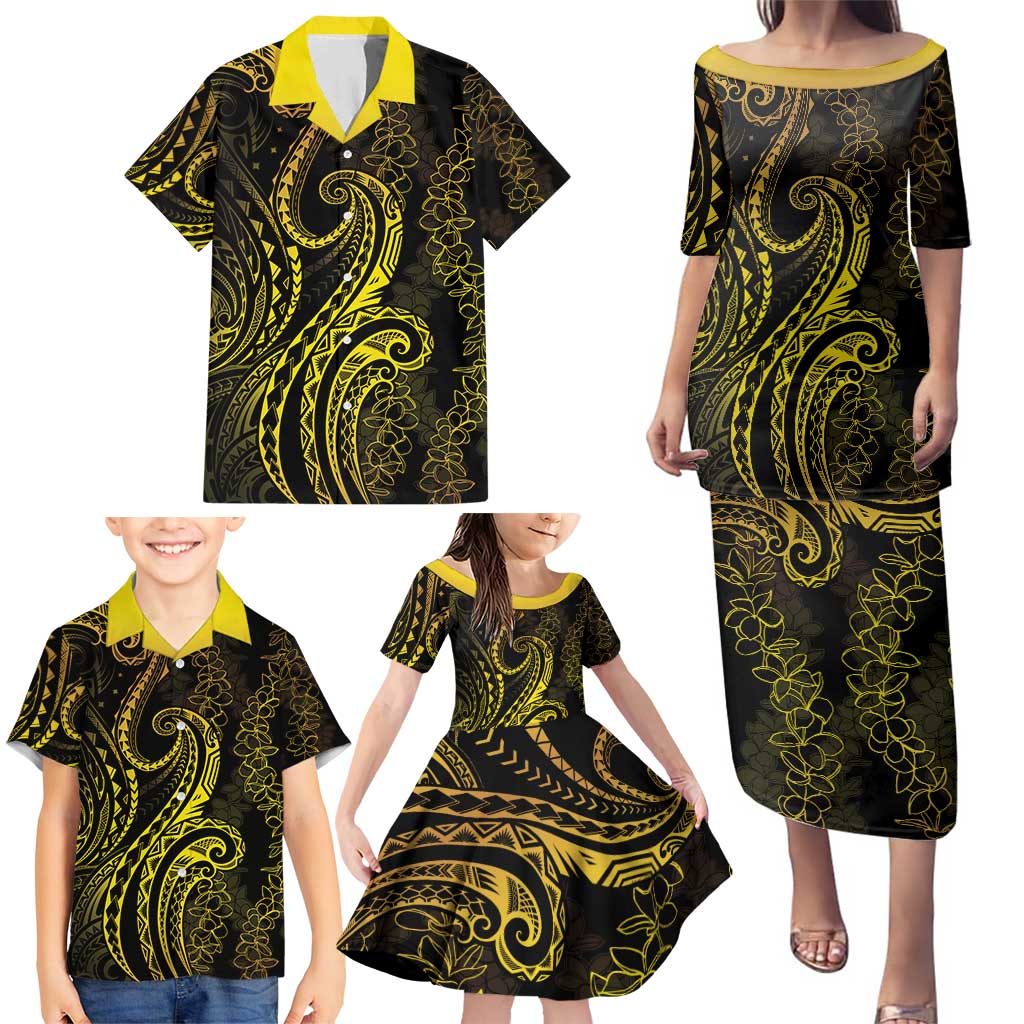 Polynesia Plumeria Lei Family Matching Puletasi and Hawaiian Shirt Black Gold Curves Motif