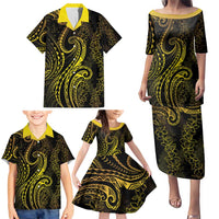 Polynesia Plumeria Lei Family Matching Puletasi and Hawaiian Shirt Black Gold Curves Motif