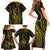 Polynesia Plumeria Lei Family Matching Short Sleeve Bodycon Dress and Hawaiian Shirt Black Gold Curves Motif