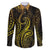 Polynesia Plumeria Lei Family Matching Short Sleeve Bodycon Dress and Hawaiian Shirt Black Gold Curves Motif
