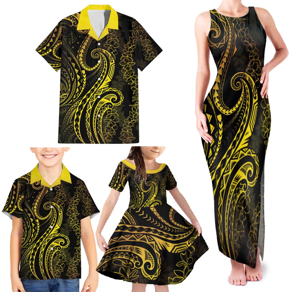 Polynesia Plumeria Lei Family Matching Tank Maxi Dress and Hawaiian Shirt Black Gold Curves Motif