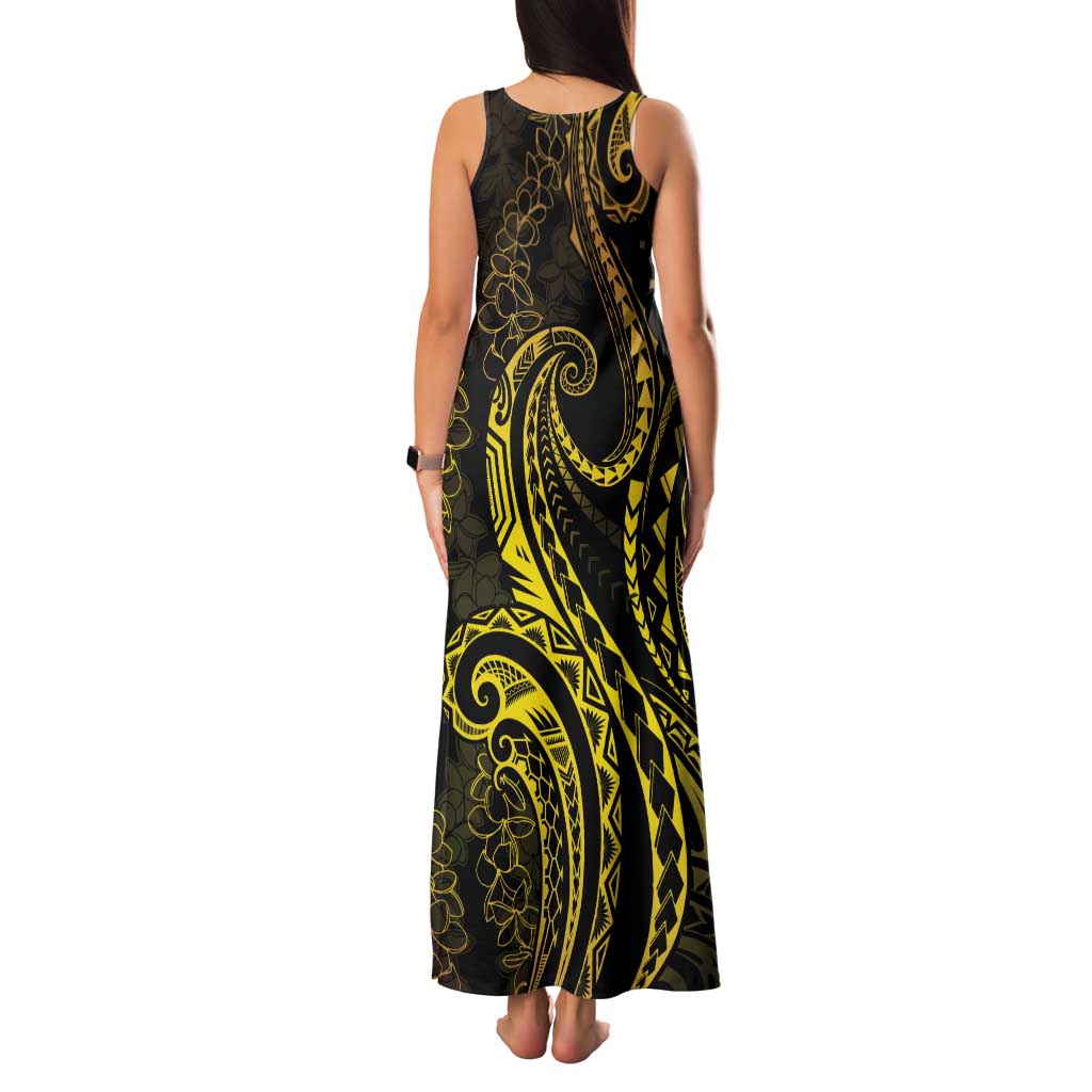 Polynesia Plumeria Lei Family Matching Tank Maxi Dress and Hawaiian Shirt Black Gold Curves Motif