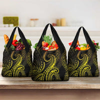Polynesia Plumeria Lei Grocery Bag Black Gold Curves Motif