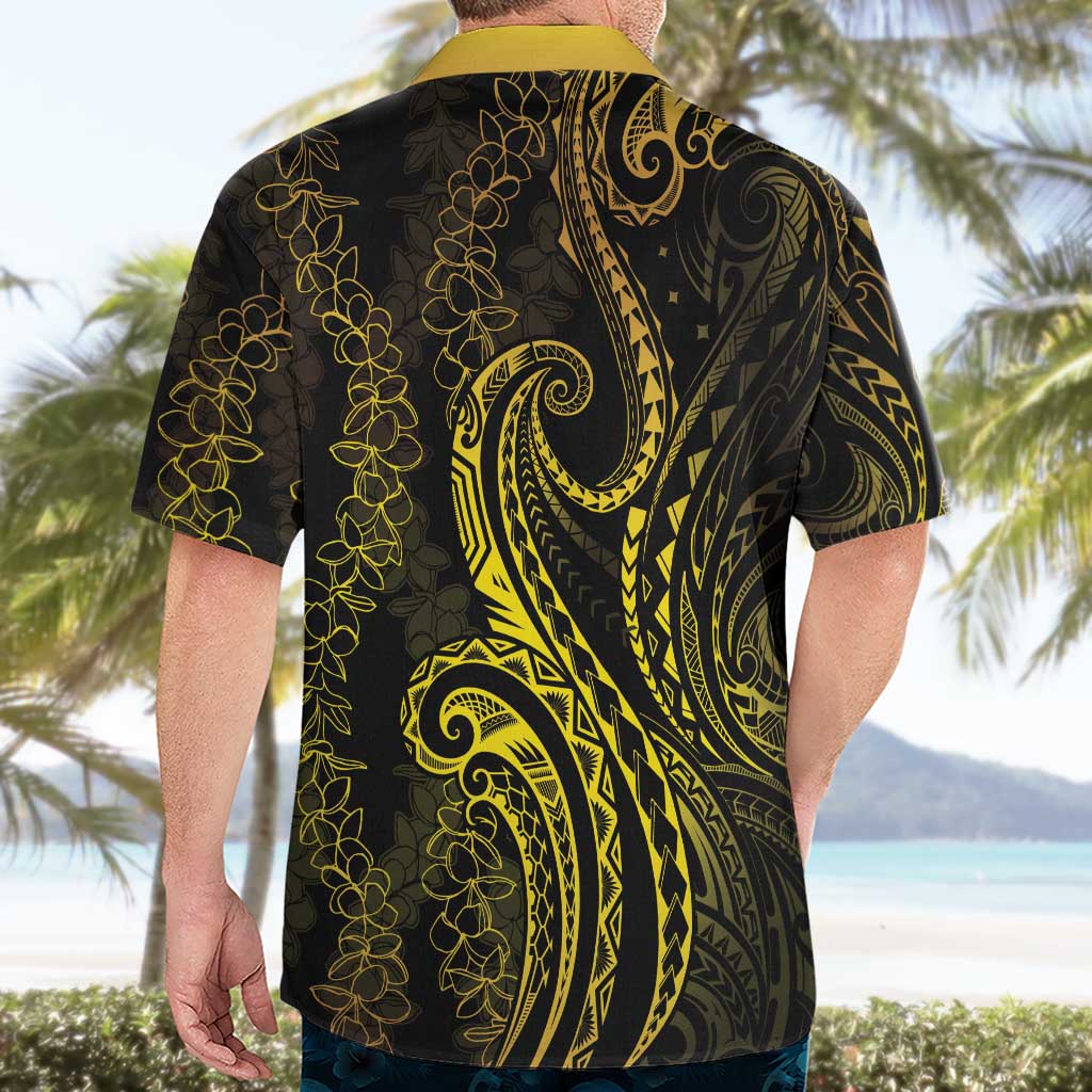 Polynesia Plumeria Lei Hawaiian Shirt Black Gold Curves Motif