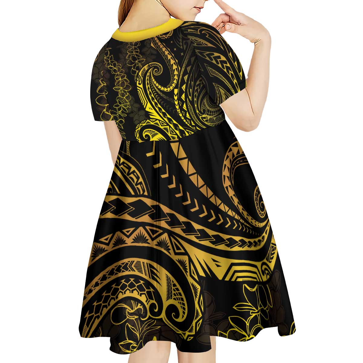 Polynesia Plumeria Lei Kid Short Sleeve Dress Black Gold Curves Motif