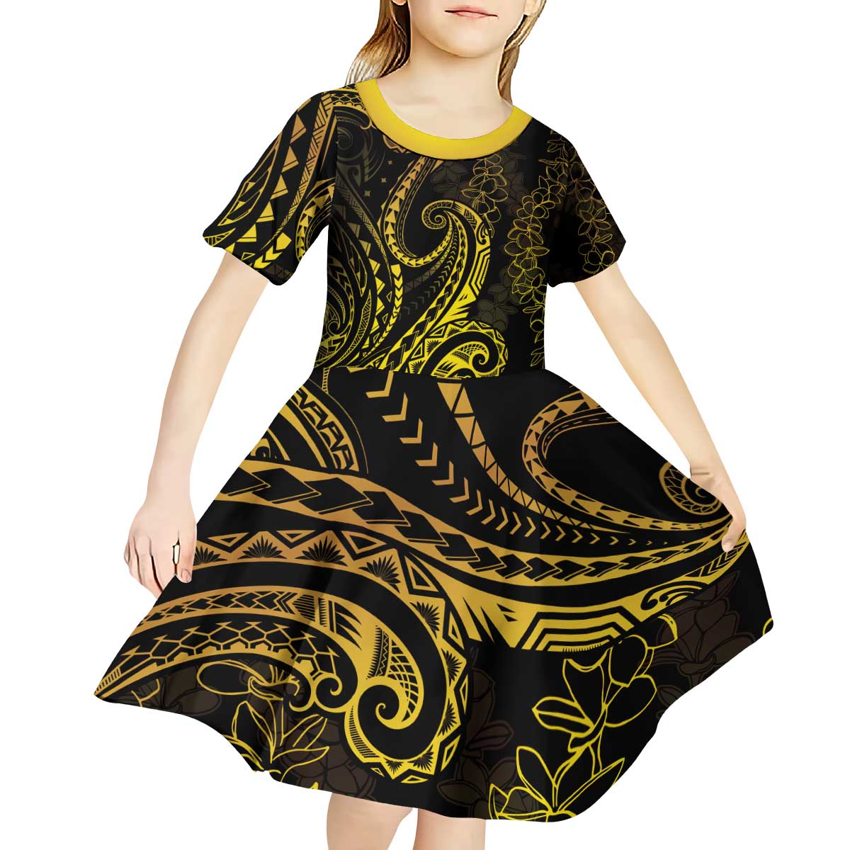 Polynesia Plumeria Lei Kid Short Sleeve Dress Black Gold Curves Motif