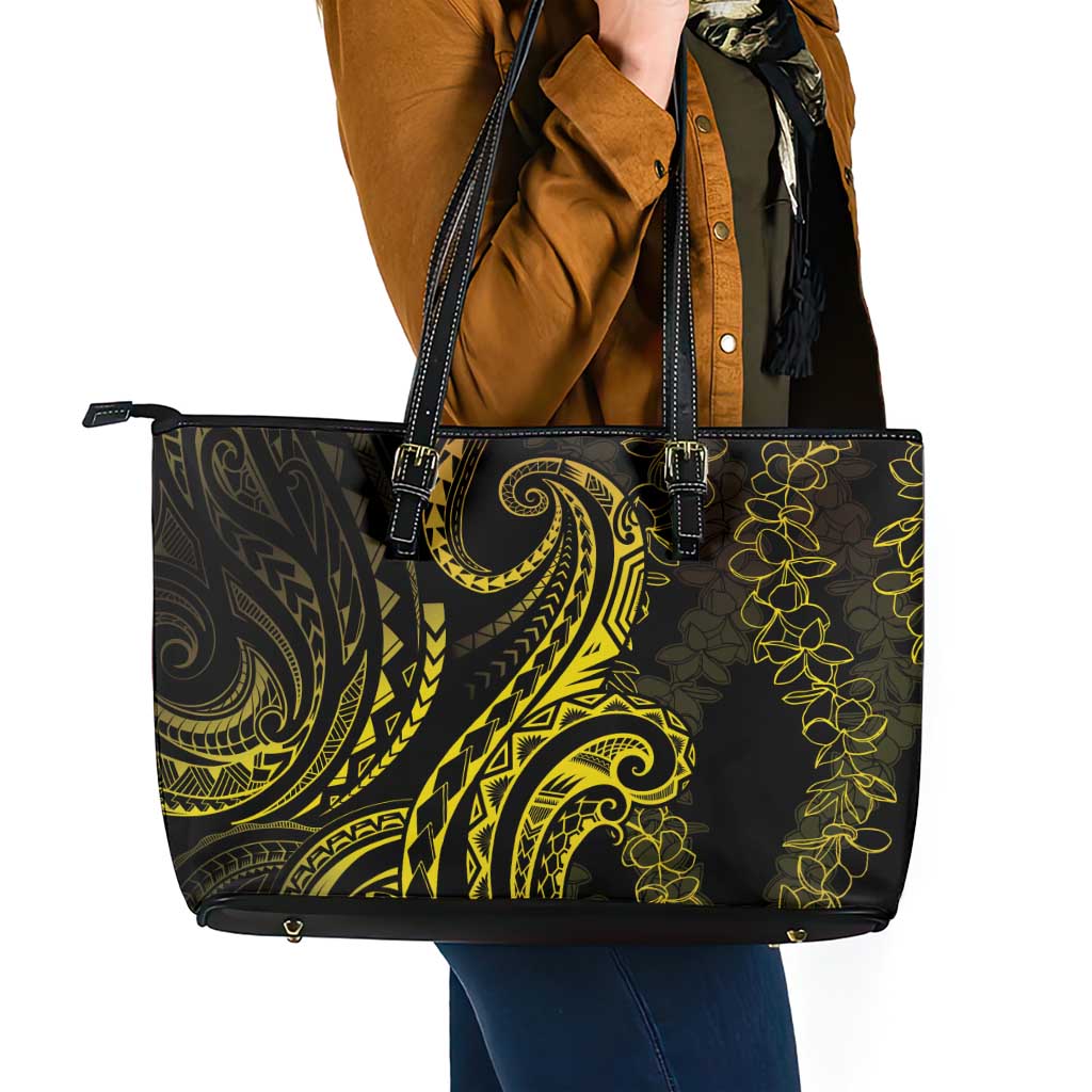 Polynesia Plumeria Lei Leather Tote Bag Black Gold Curves Motif