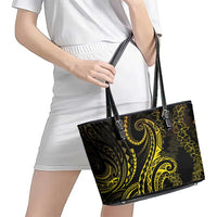 Polynesia Plumeria Lei Leather Tote Bag Black Gold Curves Motif