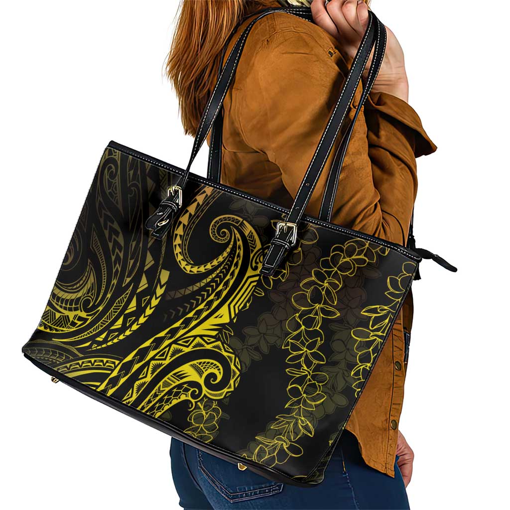 Polynesia Plumeria Lei Leather Tote Bag Black Gold Curves Motif