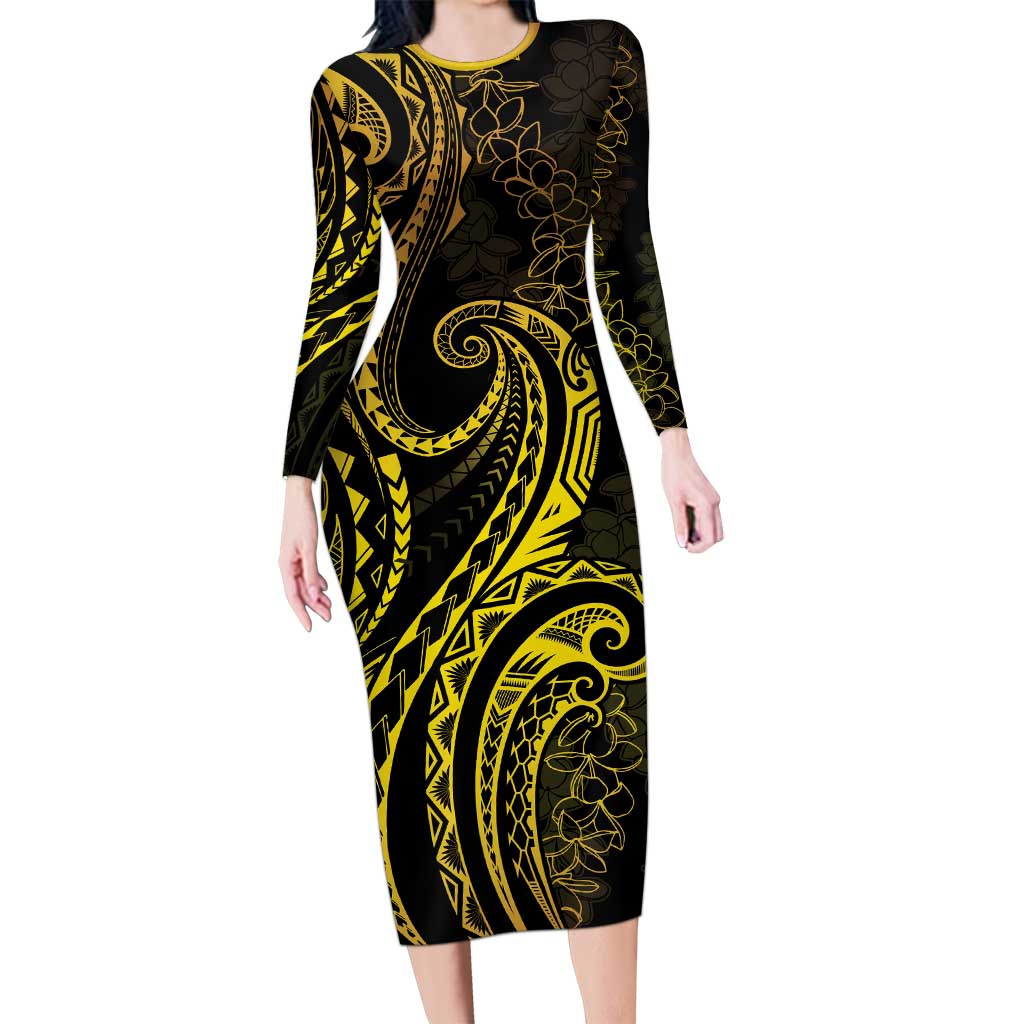 Polynesia Plumeria Lei Long Sleeve Bodycon Dress Black Gold Curves Motif
