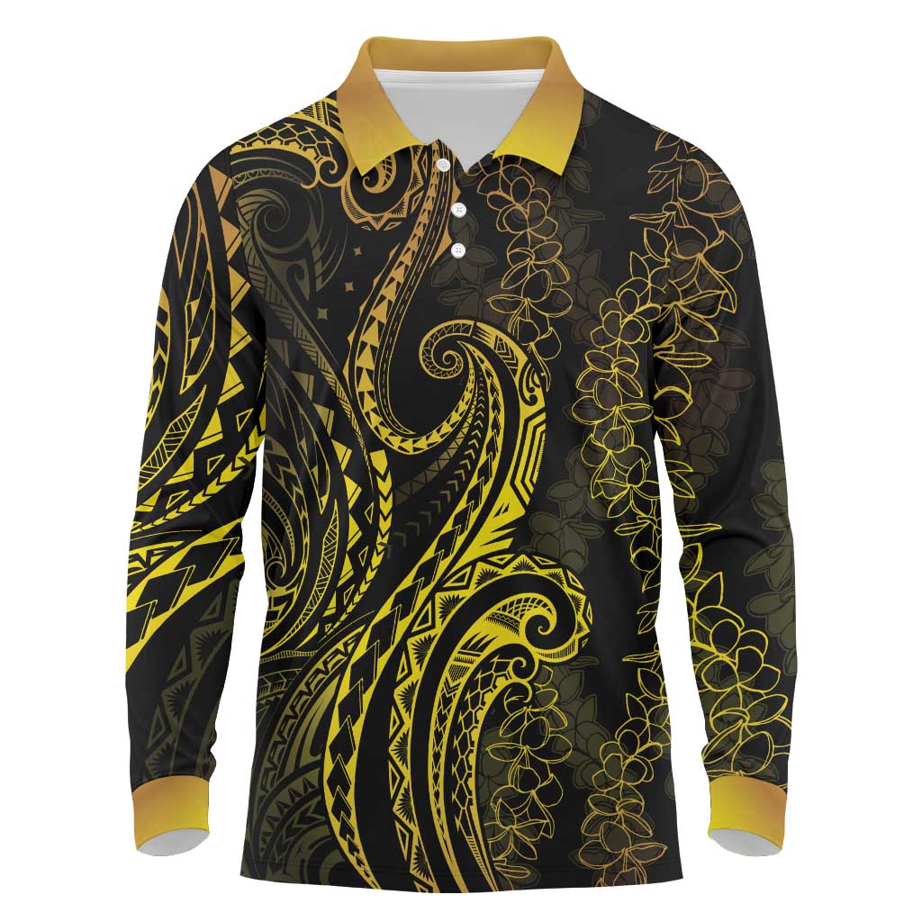 Polynesia Plumeria Lei Long Sleeve Polo Shirt Black Gold Curves Motif LT7 Gold - Polynesian Pride