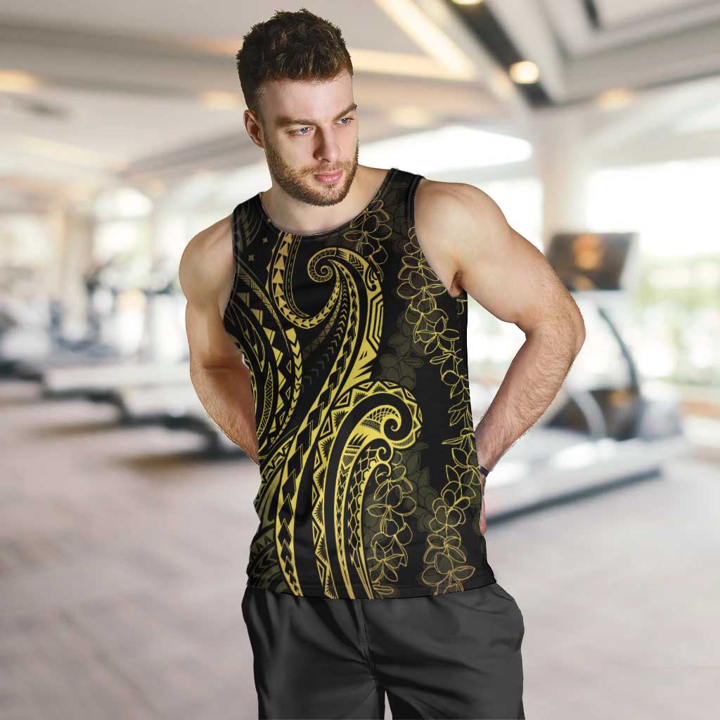 Polynesia Plumeria Lei Men Tank Top Black Gold Curves Motif