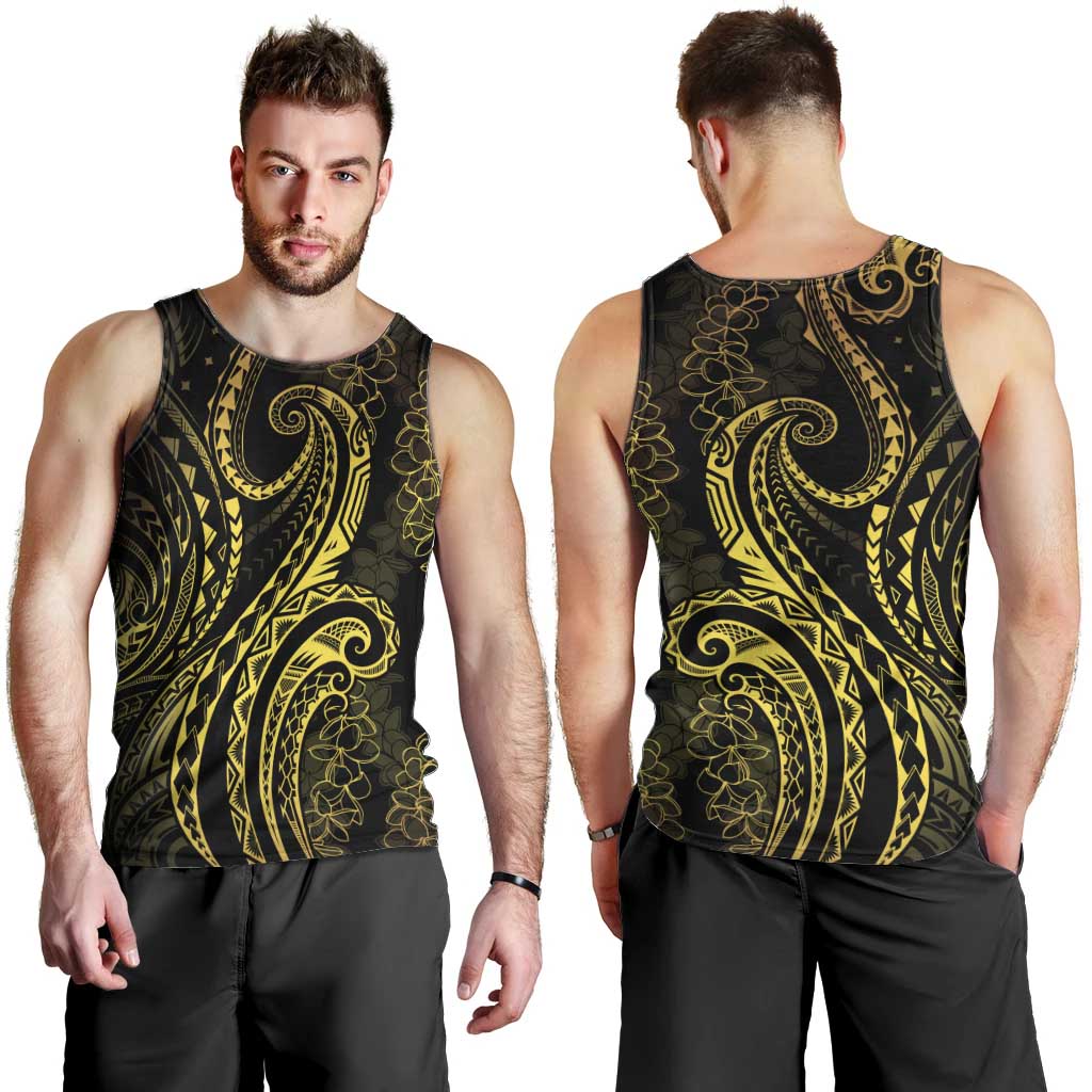 Polynesia Plumeria Lei Men Tank Top Black Gold Curves Motif