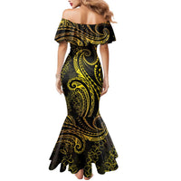 Polynesia Plumeria Lei Mermaid Dress Black Gold Curves Motif