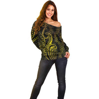 Polynesia Plumeria Lei Off Shoulder Sweater Black Gold Curves Motif