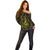Polynesia Plumeria Lei Off Shoulder Sweater Black Gold Curves Motif