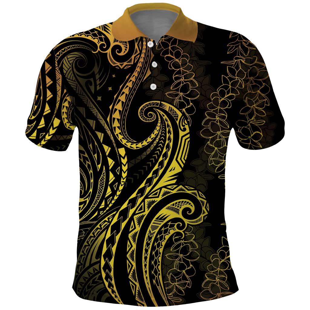 Polynesia Plumeria Lei Polo Shirt Black Gold Curves Motif