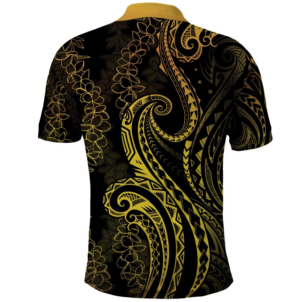 Polynesia Plumeria Lei Polo Shirt Black Gold Curves Motif