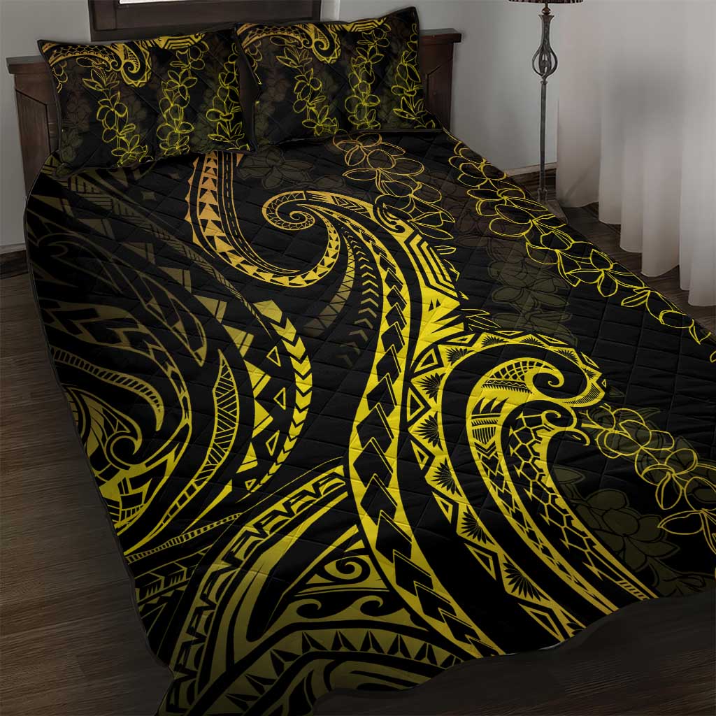 Polynesia Plumeria Lei Quilt Bed Set Black Gold Curves Motif LT7 Gold - Polynesian Pride