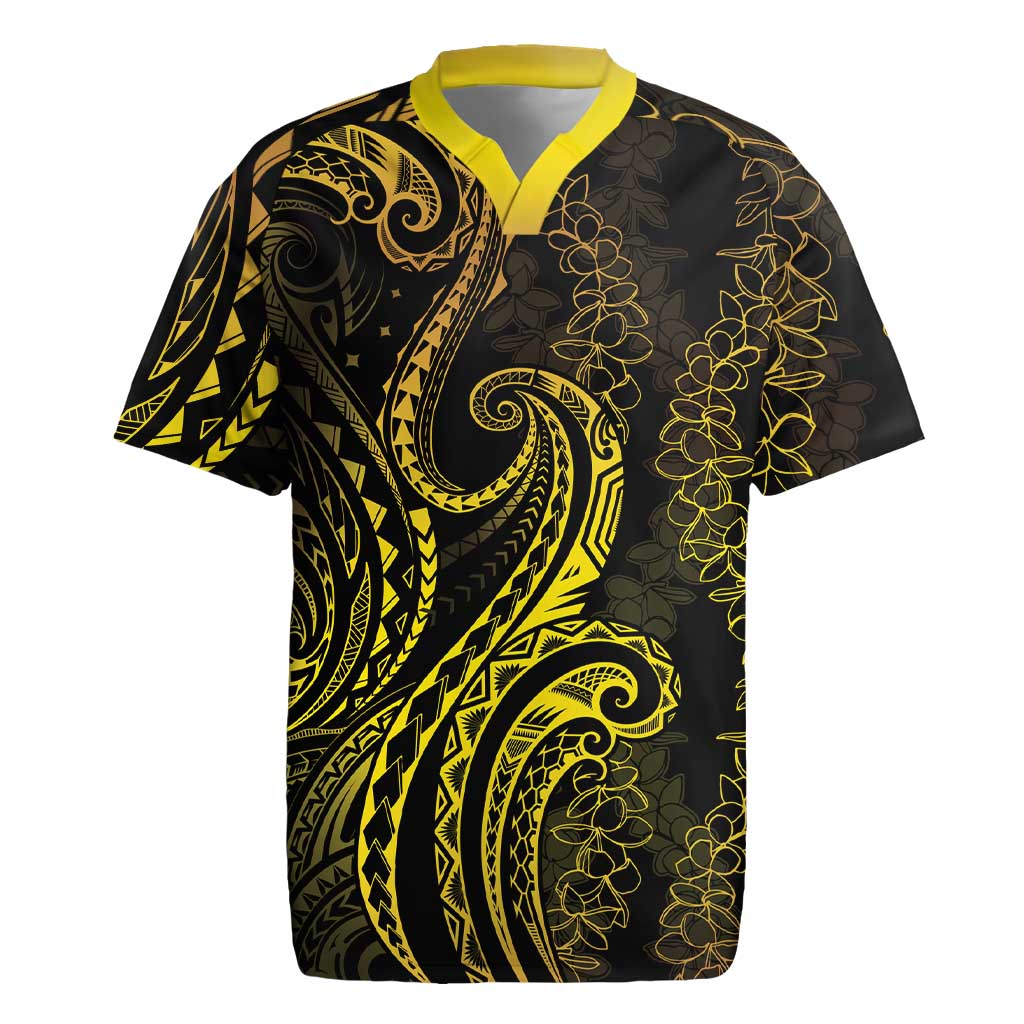 Polynesia Plumeria Lei Rugby Jersey Black Gold Curves Motif