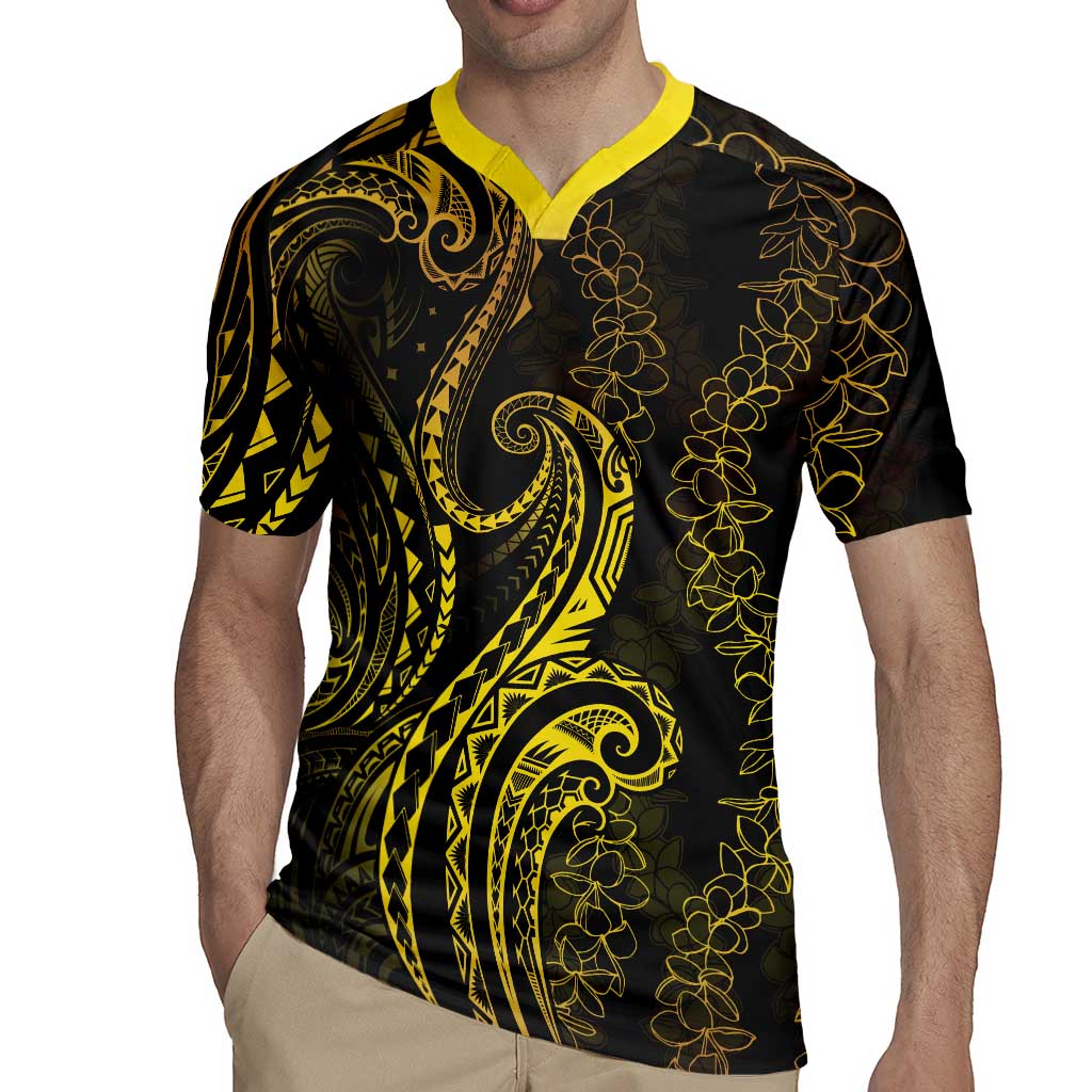 Polynesia Plumeria Lei Rugby Jersey Black Gold Curves Motif
