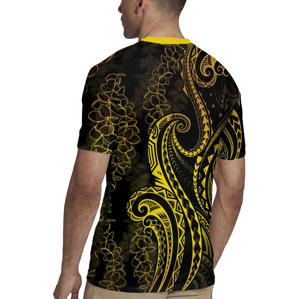 Polynesia Plumeria Lei Rugby Jersey Black Gold Curves Motif