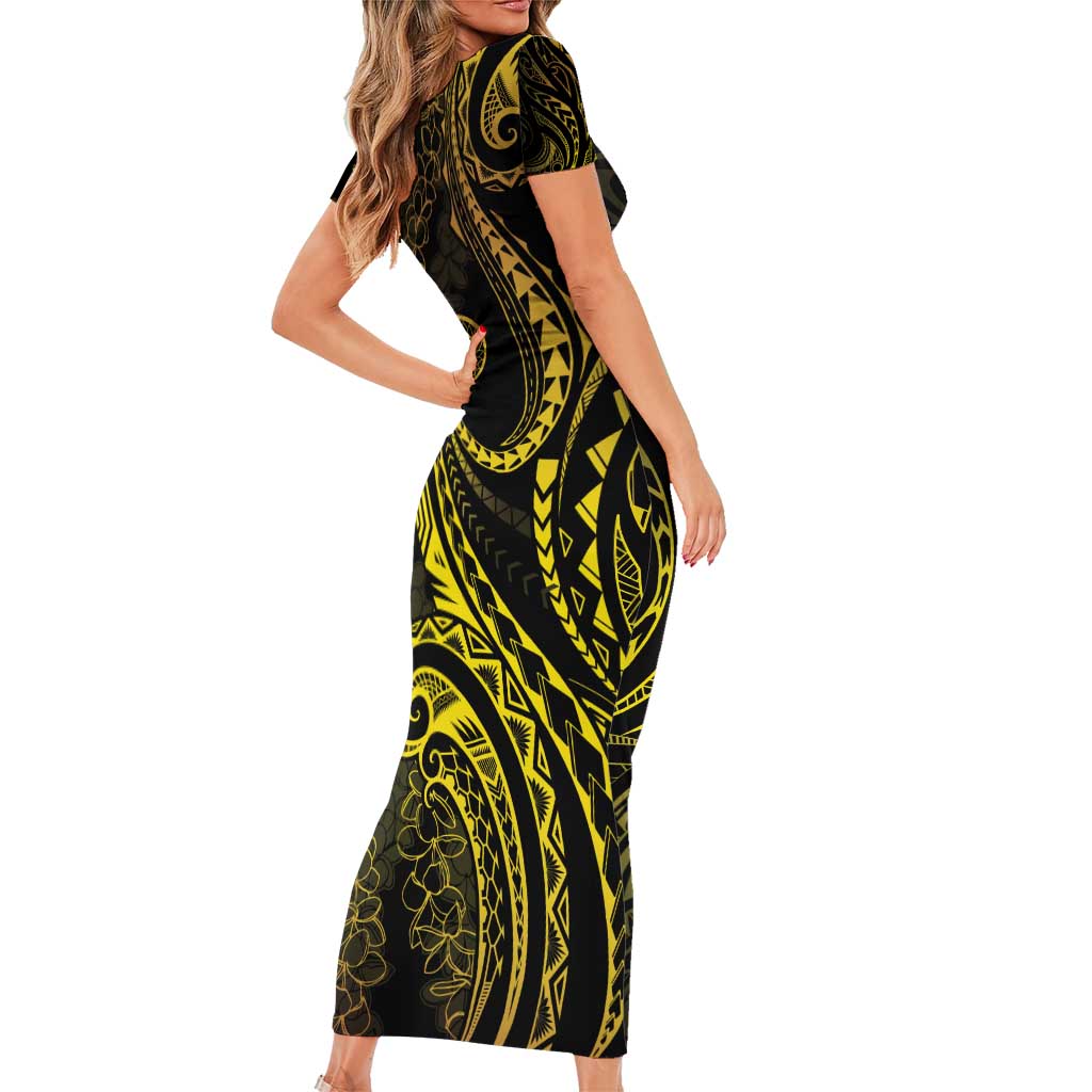 Polynesia Plumeria Lei Short Sleeve Bodycon Dress Black Gold Curves Motif