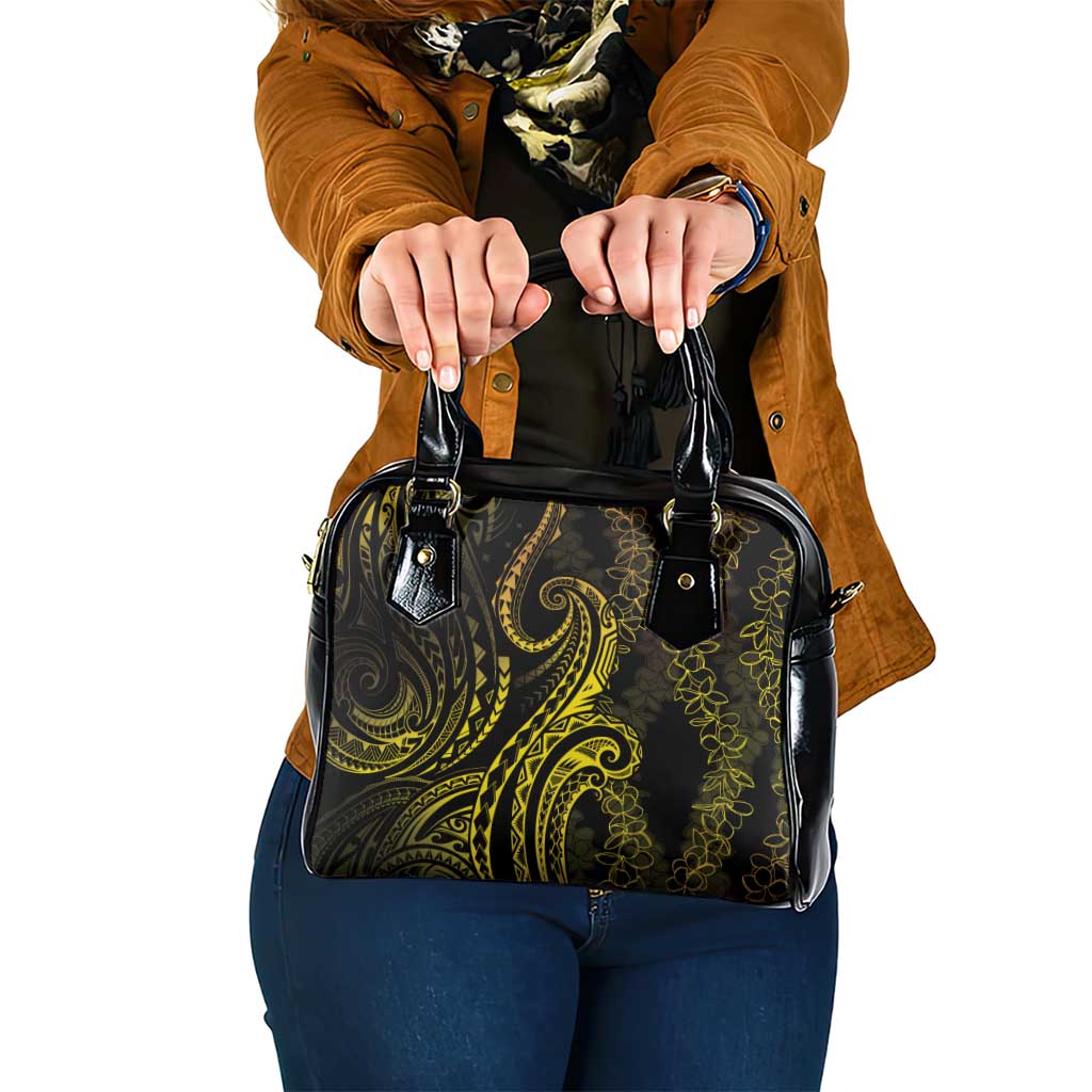 Polynesia Plumeria Lei Shoulder Handbag Black Gold Curves Motif