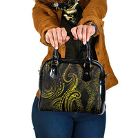 Polynesia Plumeria Lei Shoulder Handbag Black Gold Curves Motif