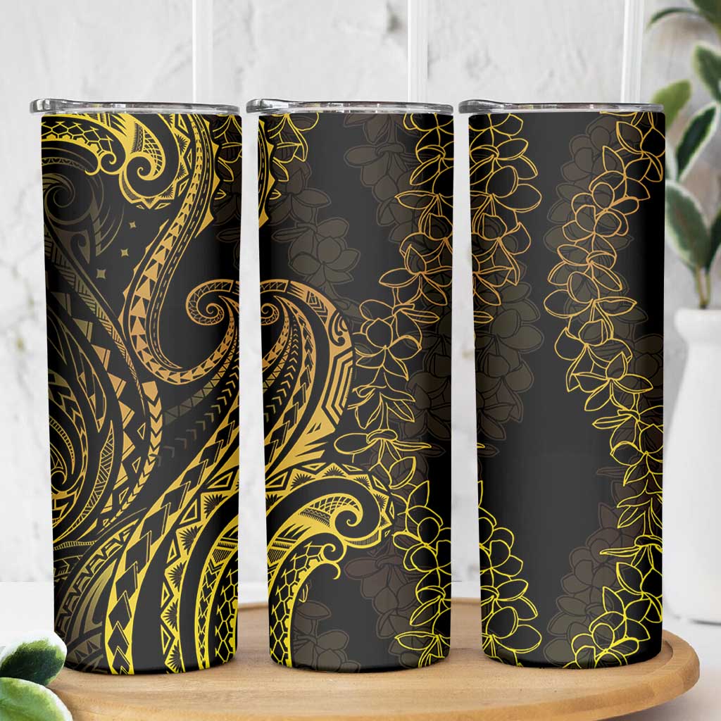 Polynesia Plumeria Lei Skinny Tumbler Black Gold Curves Motif LT7 - Polynesian Pride