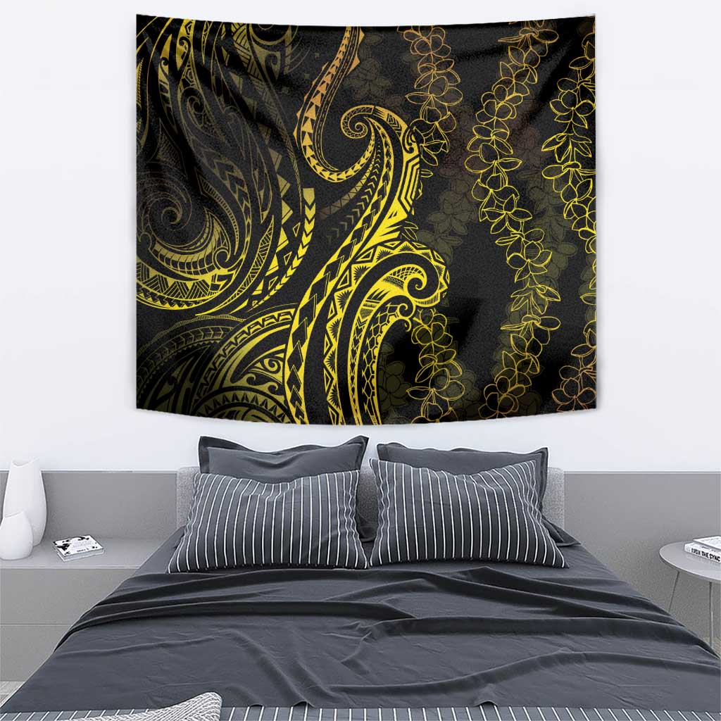 Polynesia Plumeria Lei Tapestry Black Gold Curves Motif