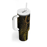 Polynesia Plumeria Lei Tumbler With Handle Black Gold Curves Motif