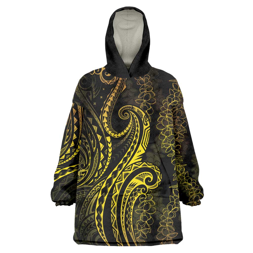 Polynesia Plumeria Lei Wearable Blanket Hoodie Black Gold Curves Motif LT7 One Size Gold - Polynesian Pride