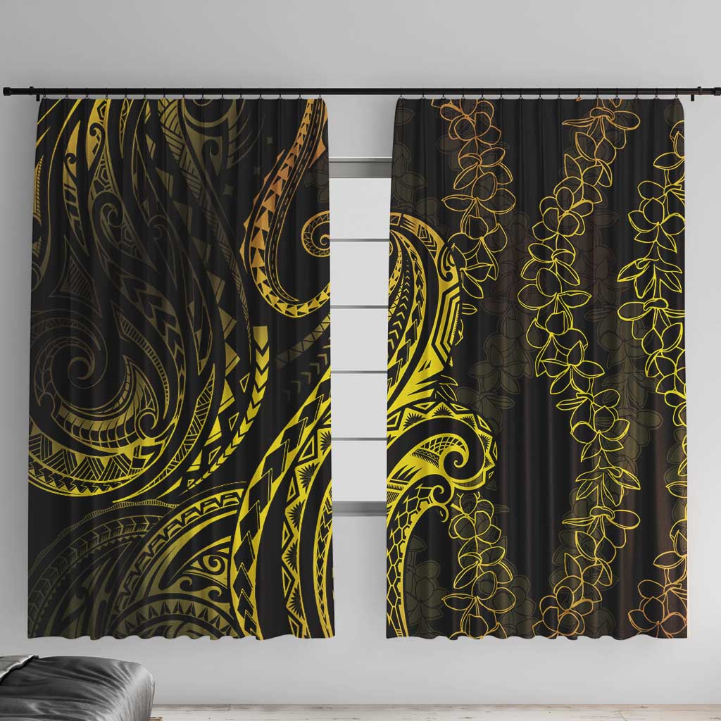 Polynesia Plumeria Lei Window Curtain Black Gold Curves Motif LT7 With Hooks Gold - Polynesian Pride